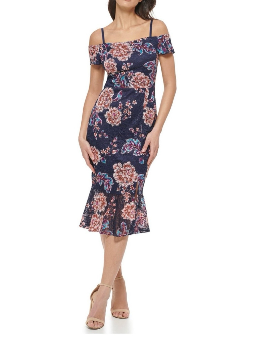 Guess Navy Floral Off-Shoulder Midi Dress